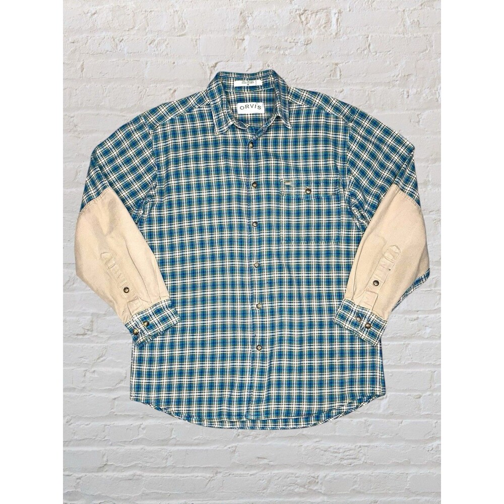 Vtg Orvis Plaid Flannel Cotton Shirt Shacket Mens MED Green Forearm Patches